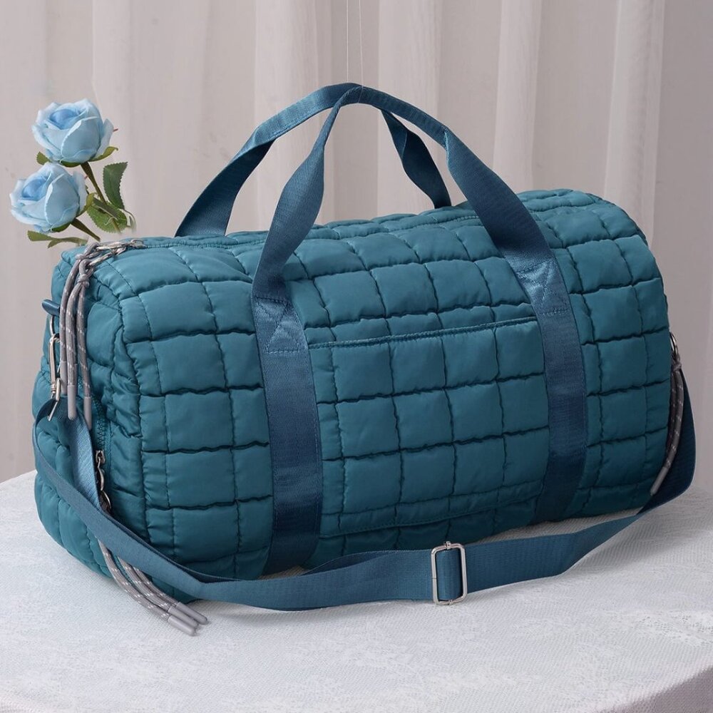 Teal Quilted Puffer Weekender Bag Travel Duffel Tote Carry-On Gym Overnight Bag